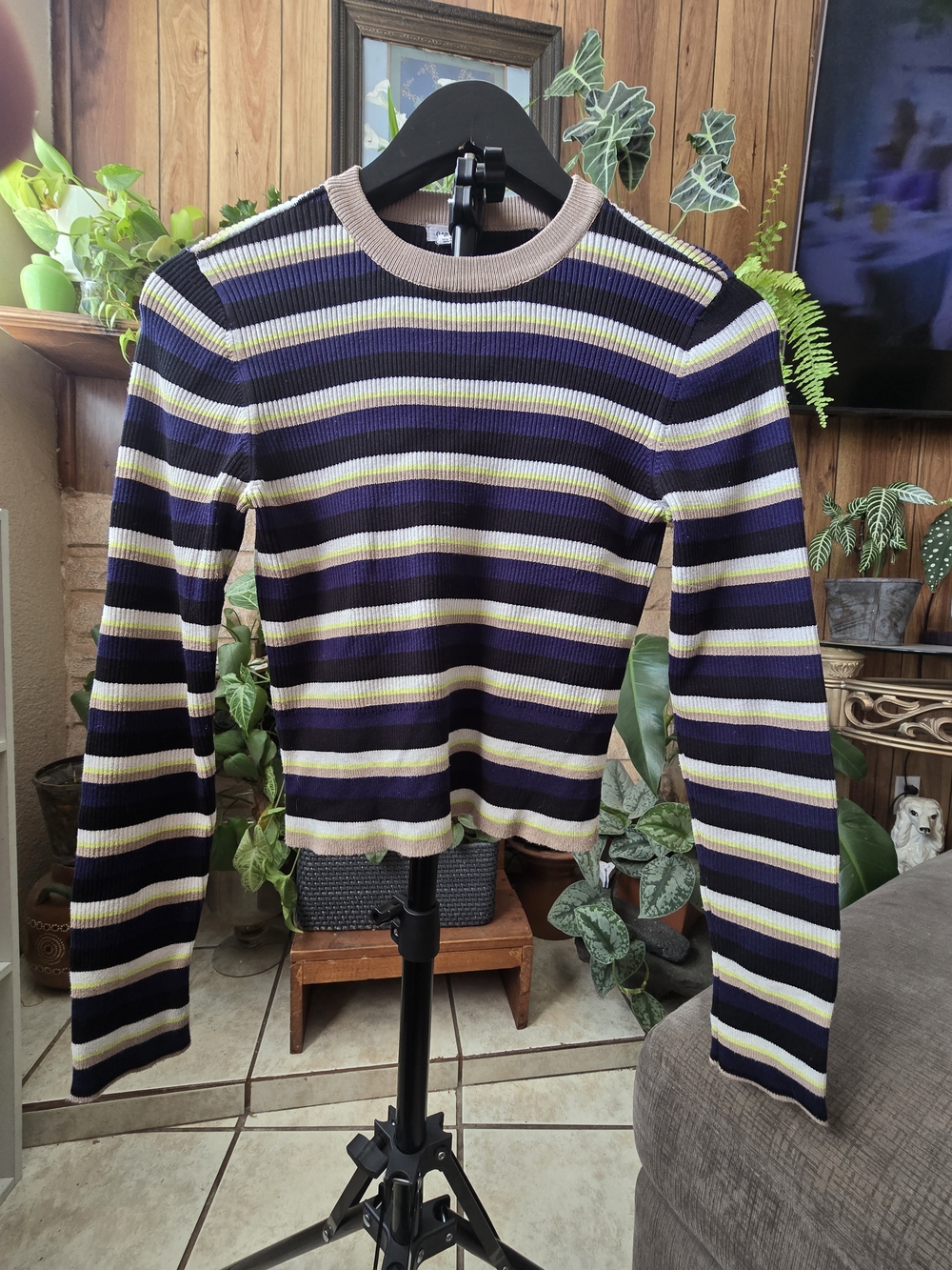 Garage Striped Crewneck Sweater in Black, Blue, Yellow & Cream